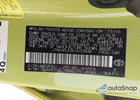 2017 Toyota Corolla Im z USA, uszkodzony, nr VIN JTNKARJE8HJ533848